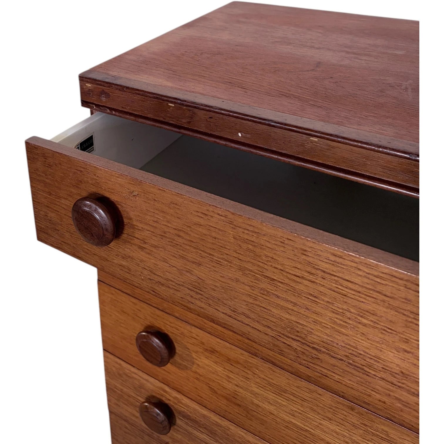 Mid Century Chest | Legate Teak Chest Drawers With Sculpted Circular Handles — view 8