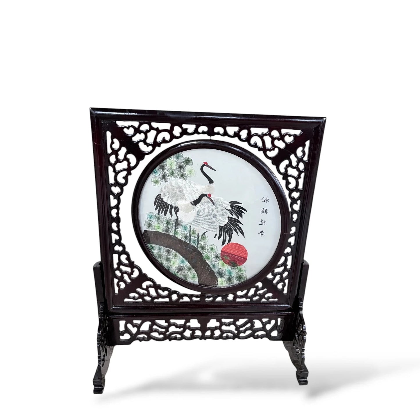 Japanese Embroidered Silk Panel – Red-Crowned Cranes in Rotating Wooden Frame