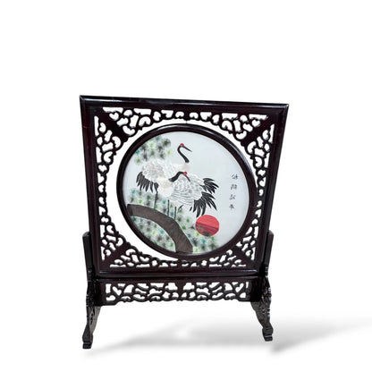 Japanese Embroidered Silk Panel – Red-Crowned Cranes in Rotating Wooden Frame