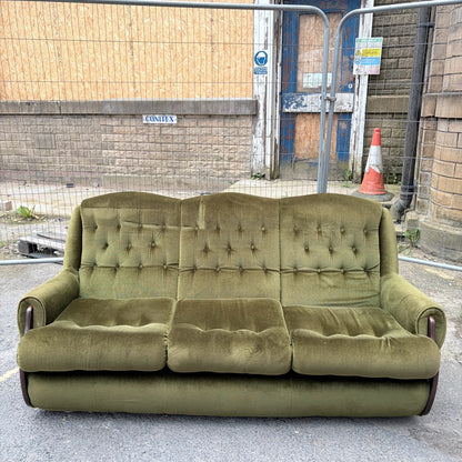 Mid Century Green Velvet and Wood Three Seater Sofa
