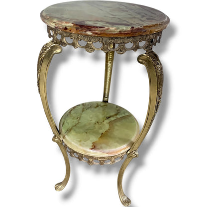 Vintage Onyx Plant Stand – Two Tier Green Onyx Shelves | Ornate Brass Frame