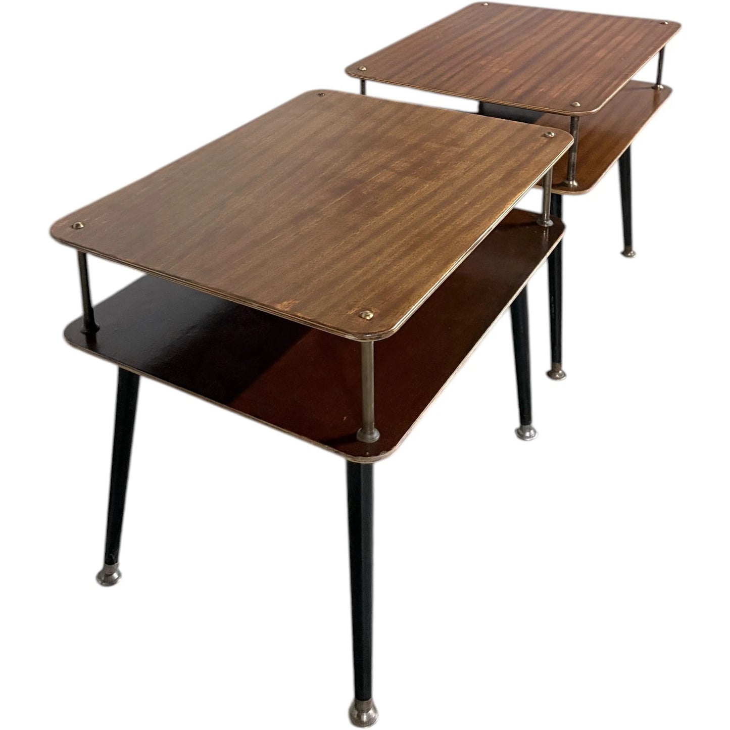 Mid-Century Bedside Tables – Atomic Style Two-Tier Nightstands with Walnut Finish