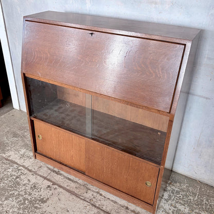 Mid Century Tiger Oak Bureau Bookcase Display Cabinet