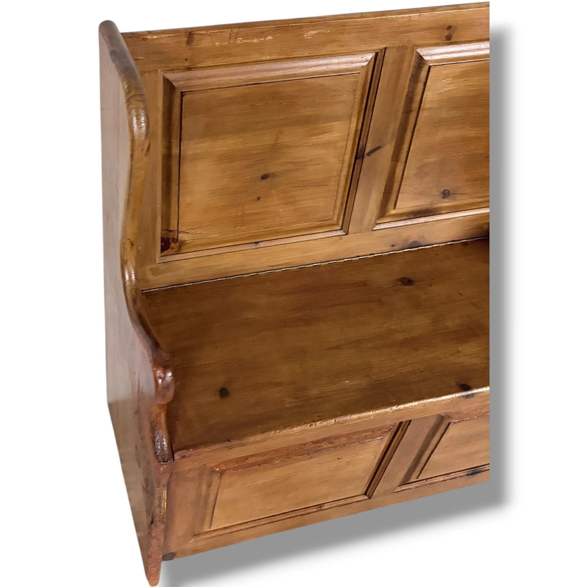 Antique Pine Monks Bench – Rustic Church Pew Style Hallway Storage Seat