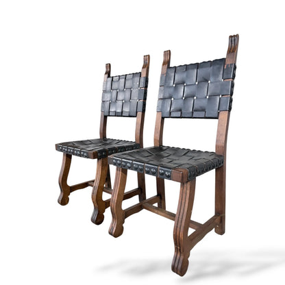 Pair of Vintage Navarro Argudo Spanish Brutalist Chairs – Wood and Woven Leather