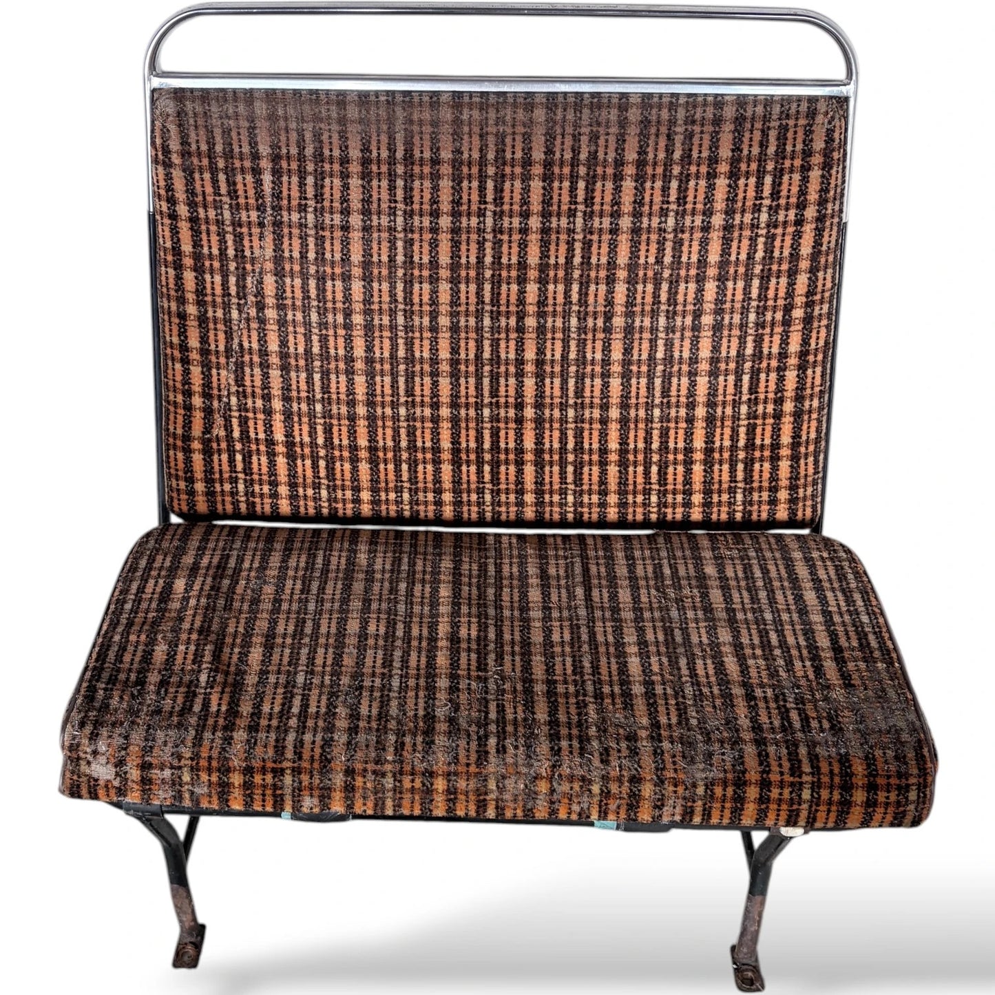 Vintage Orange Check Bus Seat – Industrial Mid-Century Bench