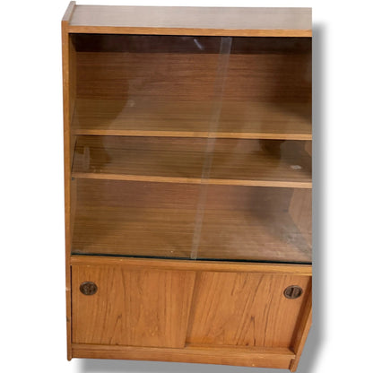 Danish Sliding Glass Bookcase | Mid Century Teak Veneer Cabinet With Adjustable Shelving — view 8