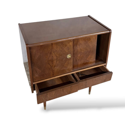 Mid-Century Walnut Record Cabinet with Sliding Doors & Drawers