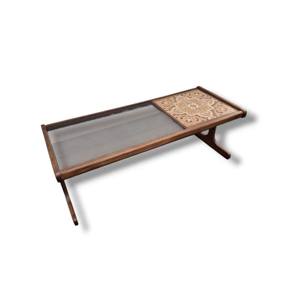G Plan Coffee Table – Mid Century Teak Table with Smoked Glass Top & Patterned Tiles