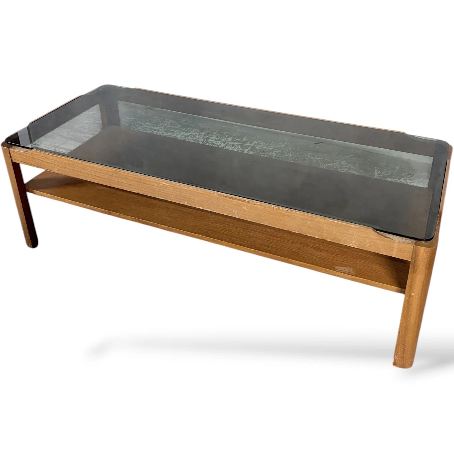 Vintage Teak Coffee Table - Mid Century Modern Smoked Glass Table With Shelf