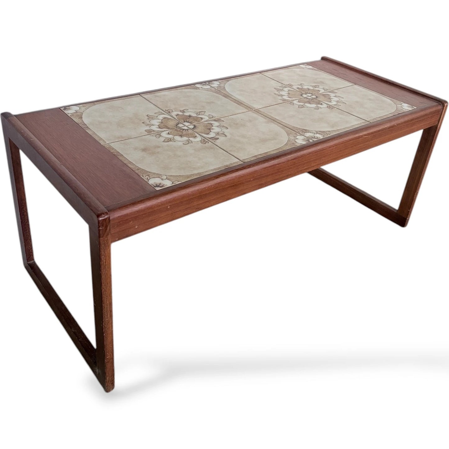 Mid-Century Coffee Table - Tile Top Table with Floral Ceramic Inset & Wooden Frame