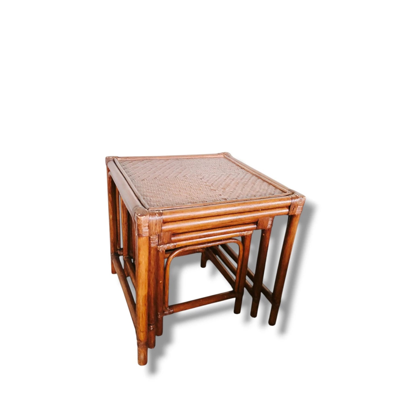 Vintage Bamboo & Rattan Nesting Tables – Set of Three Square Boho Tables