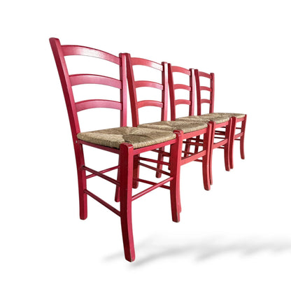 Set of Four Italian Red Oak Ladderback Chairs with Rush Seats