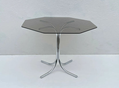 Mid Century Modern Hexagonal Dining Table | Smoked Glass & Chrome Base