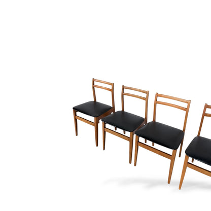 Set of 4 Mid-Century Beech Dining Chairs with Black Vinyl Seats