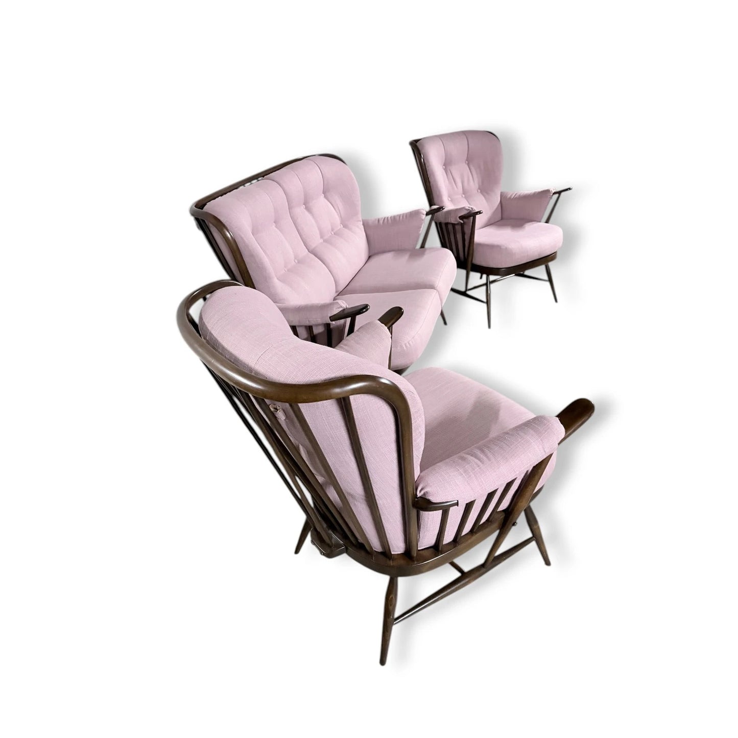Ercol Everest Suite – Mid Century Living Room Set | Dusty Pink Sofa & Solid Beech Armchairs