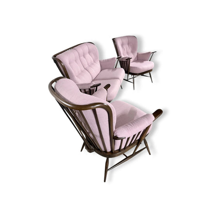 Ercol Everest Suite – Mid Century Living Room Set | Dusty Pink Sofa & Solid Beech Armchairs