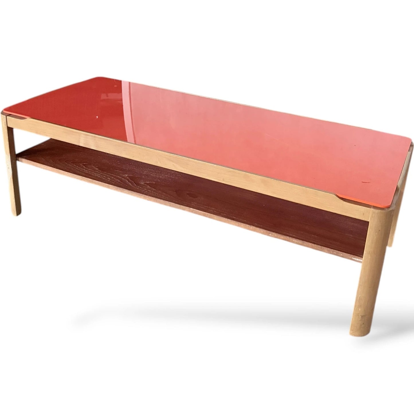Mid Century Coffee Table – Custom Myers Orange Acrylic & Teak Two Tier Design — view 8