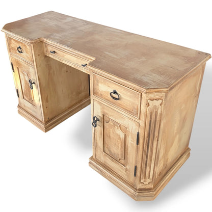 Vintage Pine Writing Desk – Rustic Farmhouse Pedestal Desk with Cupboards & Storage Drawers