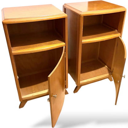 Mid Century Bedside Cabinets – Compact Oak Nightstands with Cupboard Storage Pair
