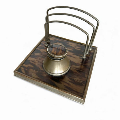 Tortoiseshell Ink Well | 19th Century Antique Desk Organiser with Aged Metal Detailing