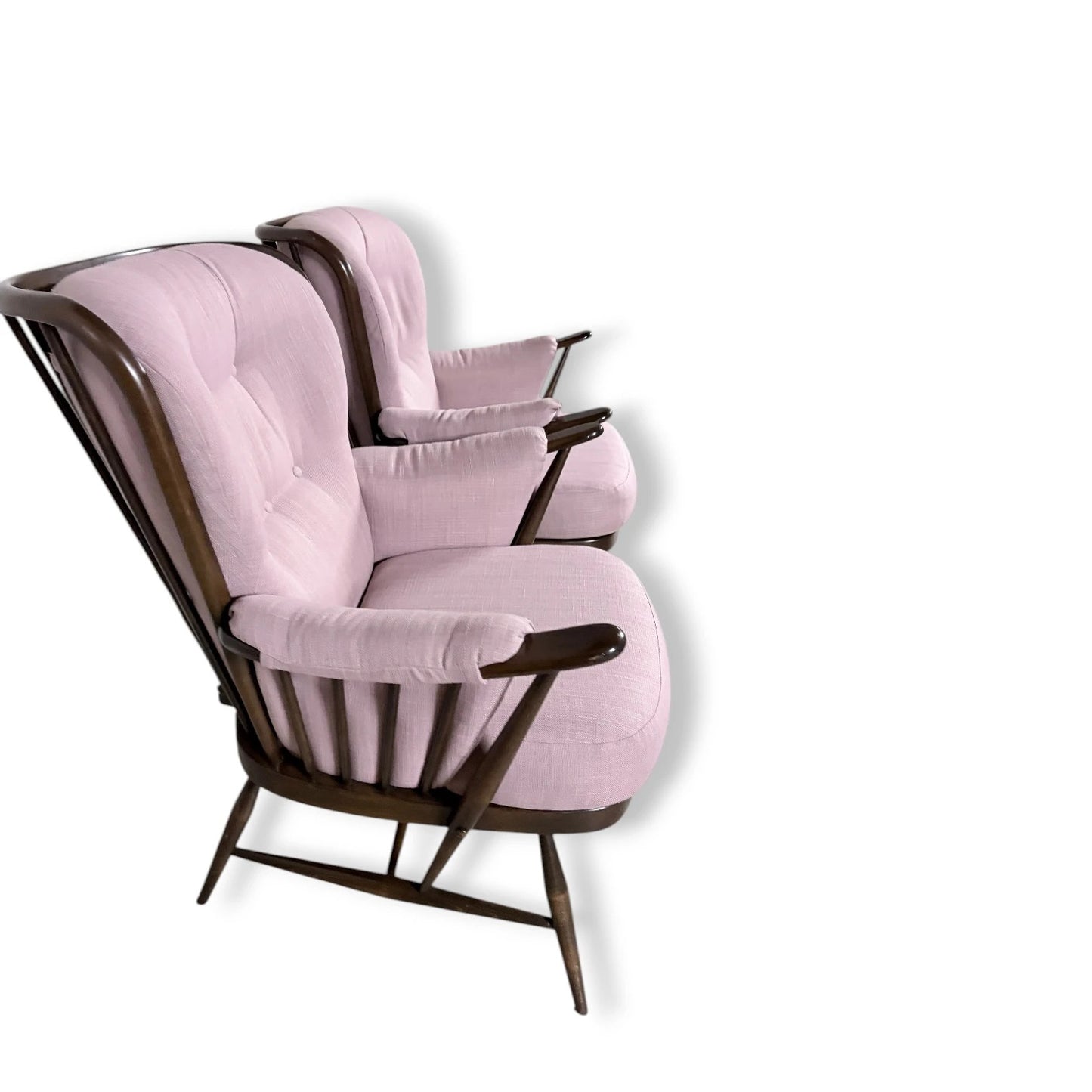 Ercol Everest Armchairs – Mid-Century Dark Beech Chairs with Dusty Pink Upholstery — view 8