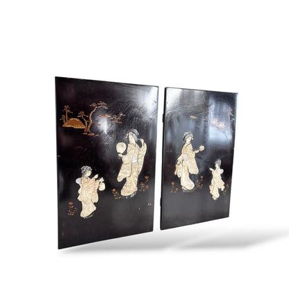 Pair of Vintage Japanese Mother-of-Pearl Panels – Ebonised Wood