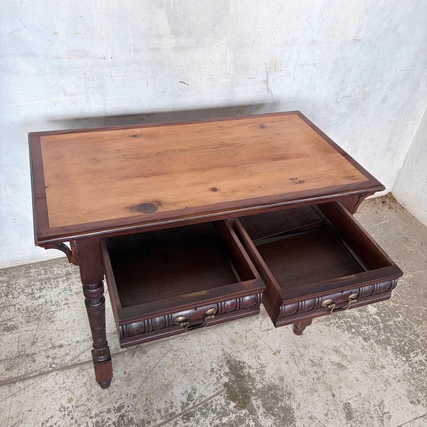 Vintage Pine & Mahogany Console Table with Brass Handle Drawers