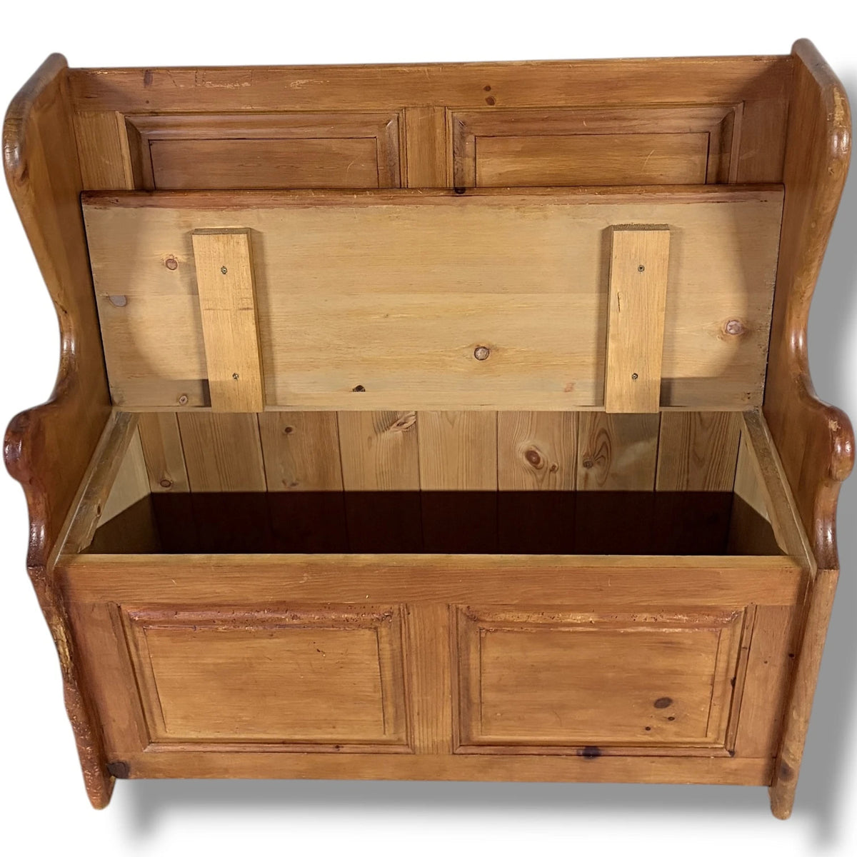 Antique Pine Monks Bench – Rustic Church Pew Style Hallway Storage Seat