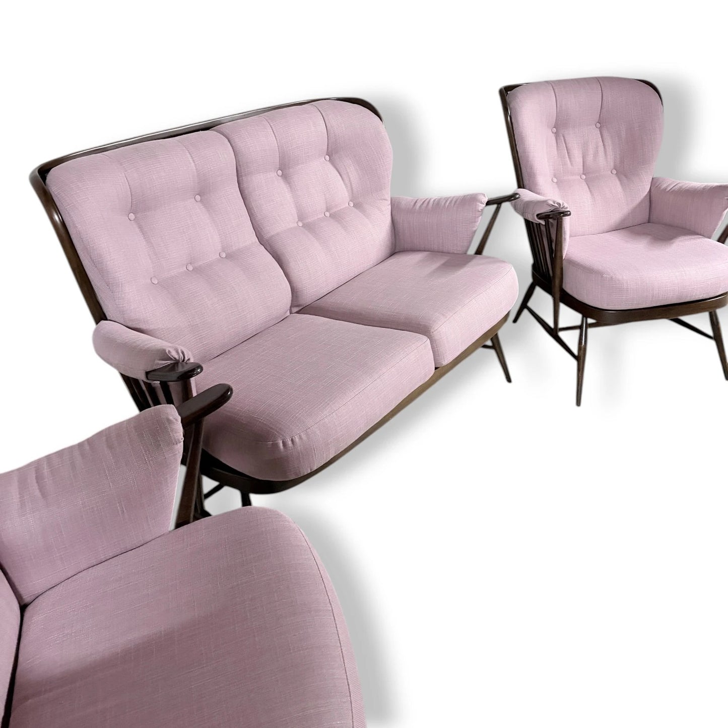Ercol Everest Suite – Mid Century Living Room Set | Dusty Pink Sofa & Solid Beech Armchairs