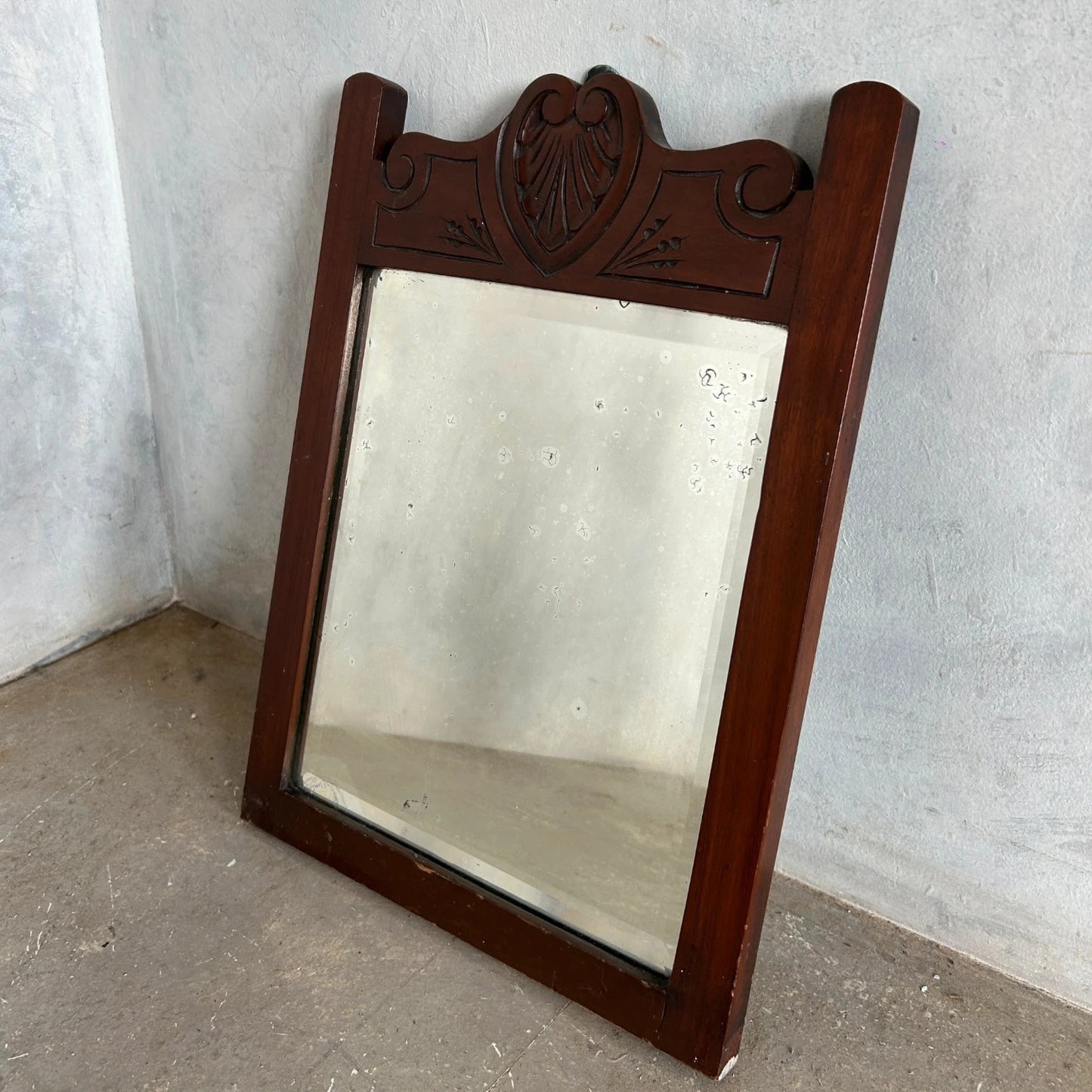 Antique French Wall Mirror - Carved Dark Oak Frame | Vintage Decorative Glass