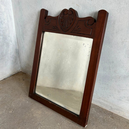 Antique French Wall Mirror - Carved Dark Oak Frame | Vintage Decorative Glass