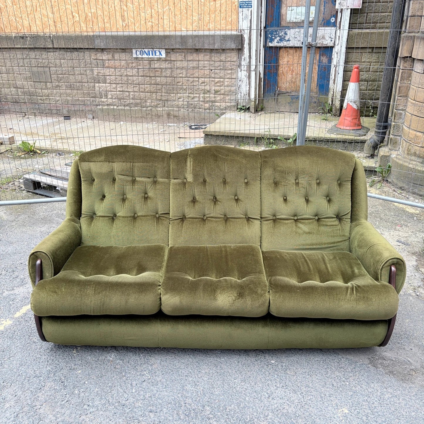 Mid Century Green Velvet and Wood Three Seater Sofa
