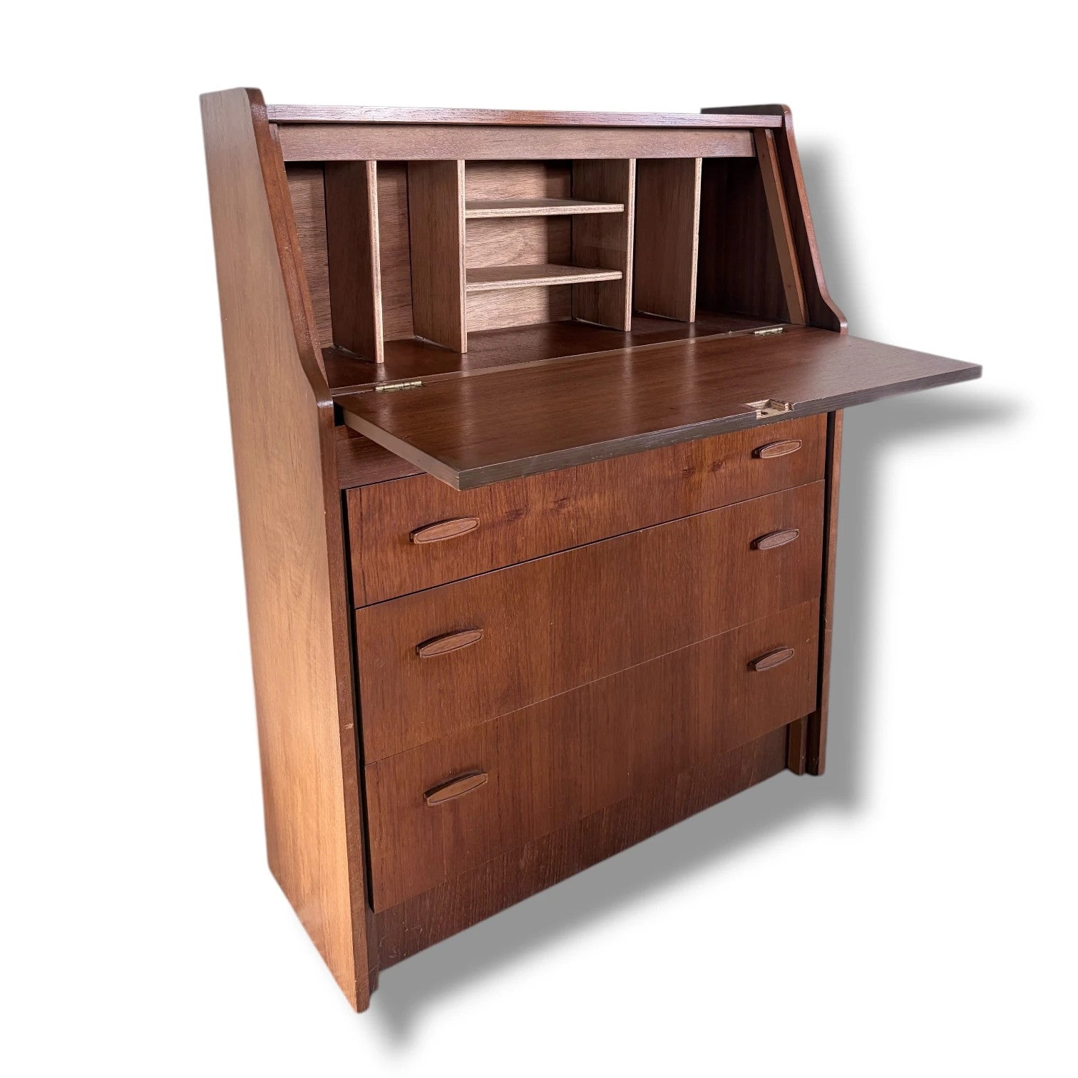 Mid Century Teak Bureau – Danish Modern Desk With Teak Wood Drawers & Drop Front — view 9