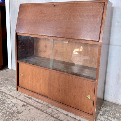 Mid Century Tiger Oak Bureau Bookcase Display Cabinet