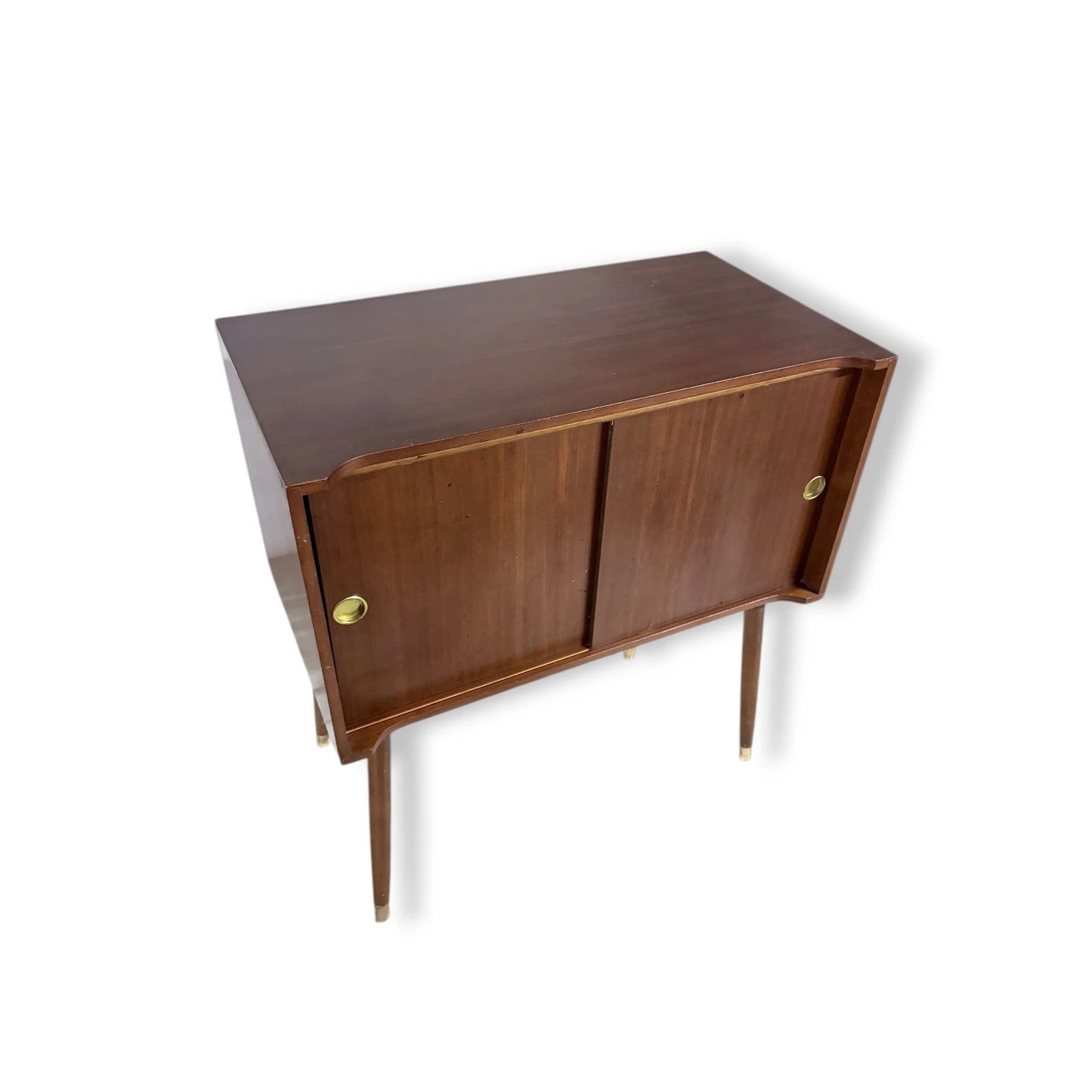 Mid-Century Record Cabinet – Teak Sliding Door Cabinet With Brass Legs — view 9
