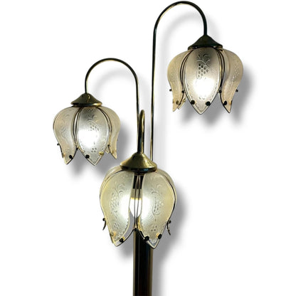 Art Deco Floor Lamp – Hollywood Regency Brass Lotus Lamp with Sculptural Glass Shades