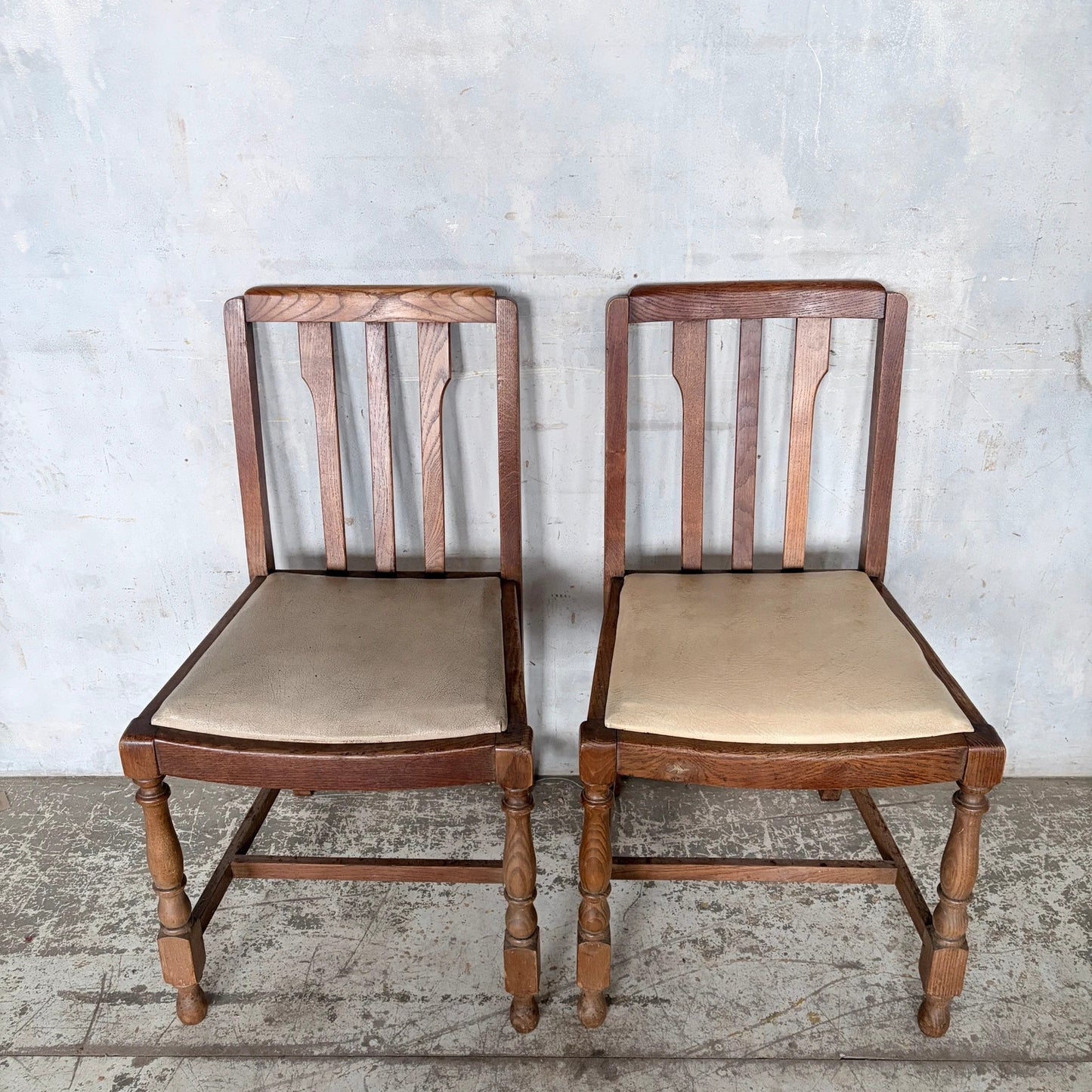 Pair of 1950s Solid Oak Dining Chairs with Turned Legs
