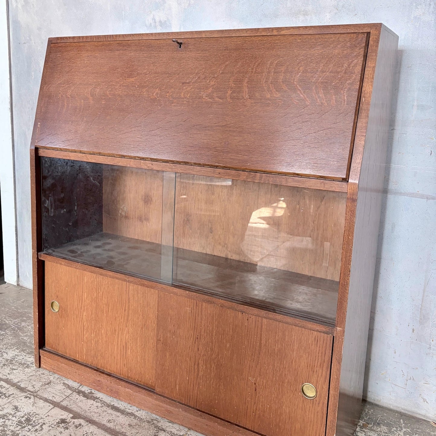 Mid Century Tiger Oak Bureau Bookcase Display Cabinet