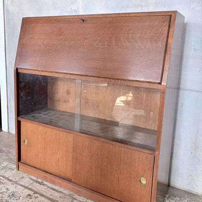 Mid Century Tiger Oak Bureau Bookcase Display Cabinet