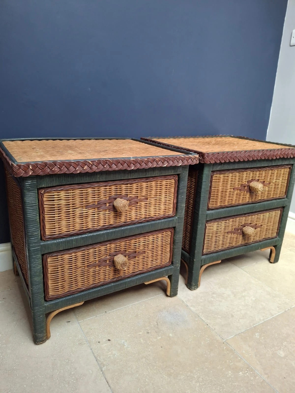Pair of Vintage Wicker & Rattan Bedside Tables – Boho Nightstands