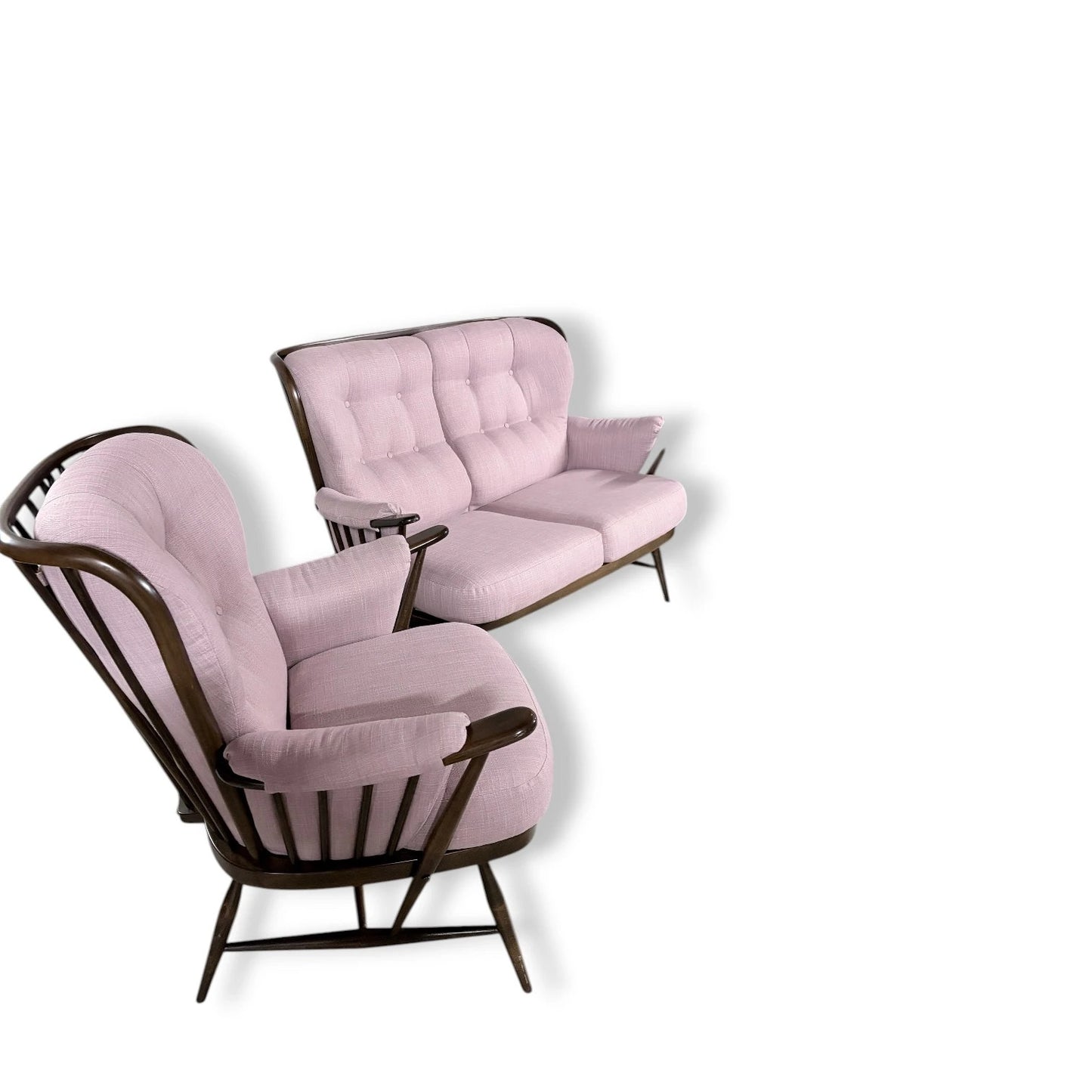 Ercol Everest Suite – Mid Century Living Room Set | Dusty Pink Sofa & Solid Beech Armchairs