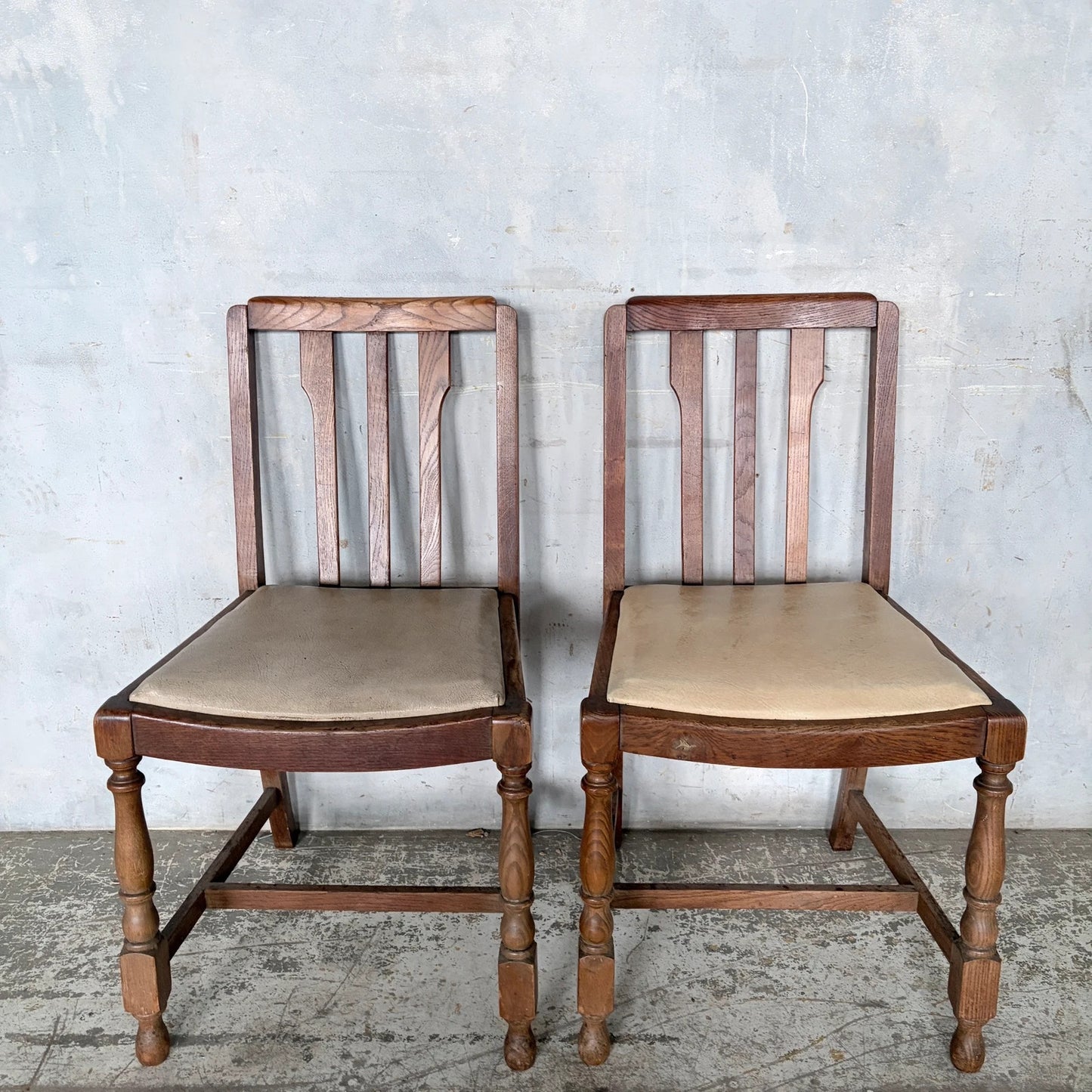 Pair of 1950s Solid Oak Dining Chairs with Turned Legs