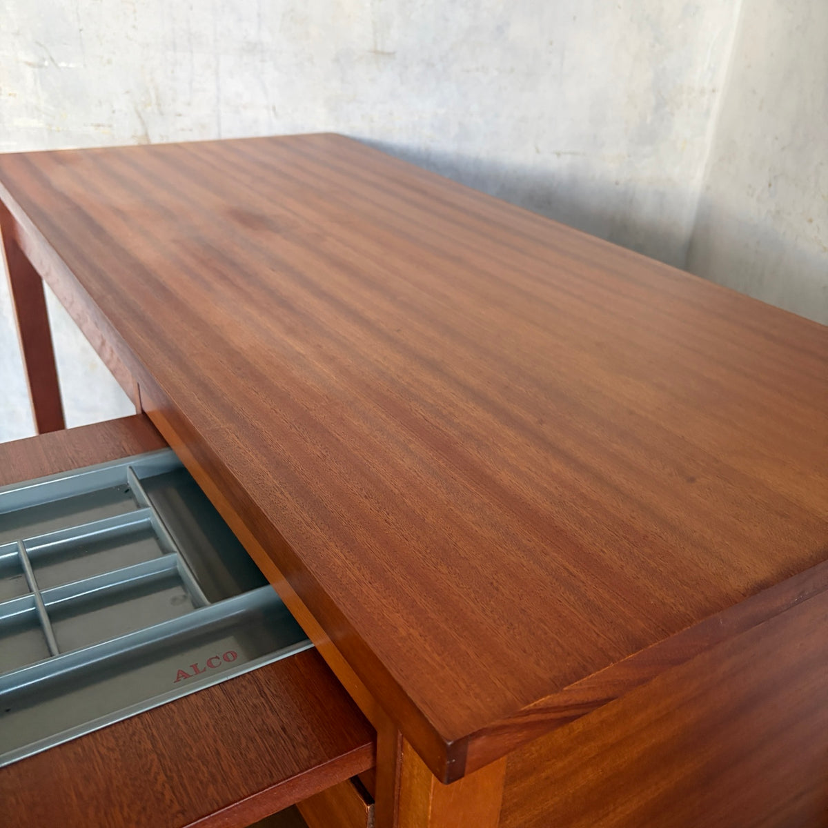 Mid Century teak and chrome compact writing desk view 9