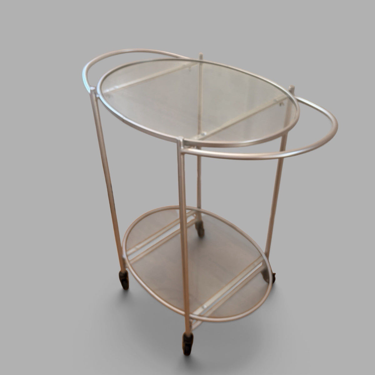 1990s Oval Glass & Silver-Tone Drinks Trolley – Two-Tier Bar Cart – view 2