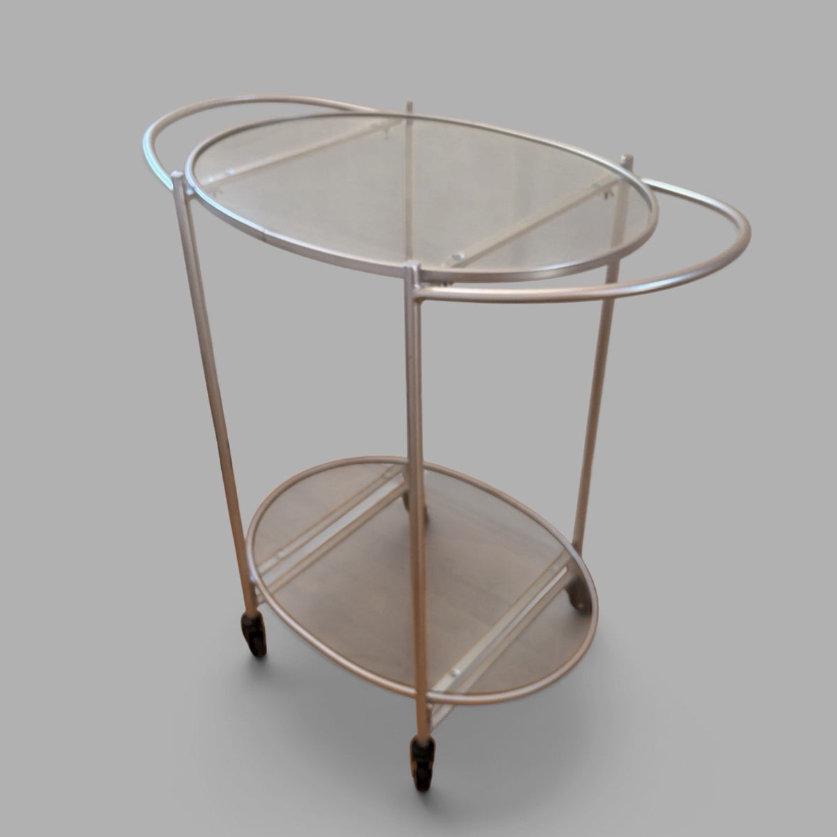 1990s Oval Glass & Silver-Tone Drinks Trolley – Two-Tier Bar Cart – view 5