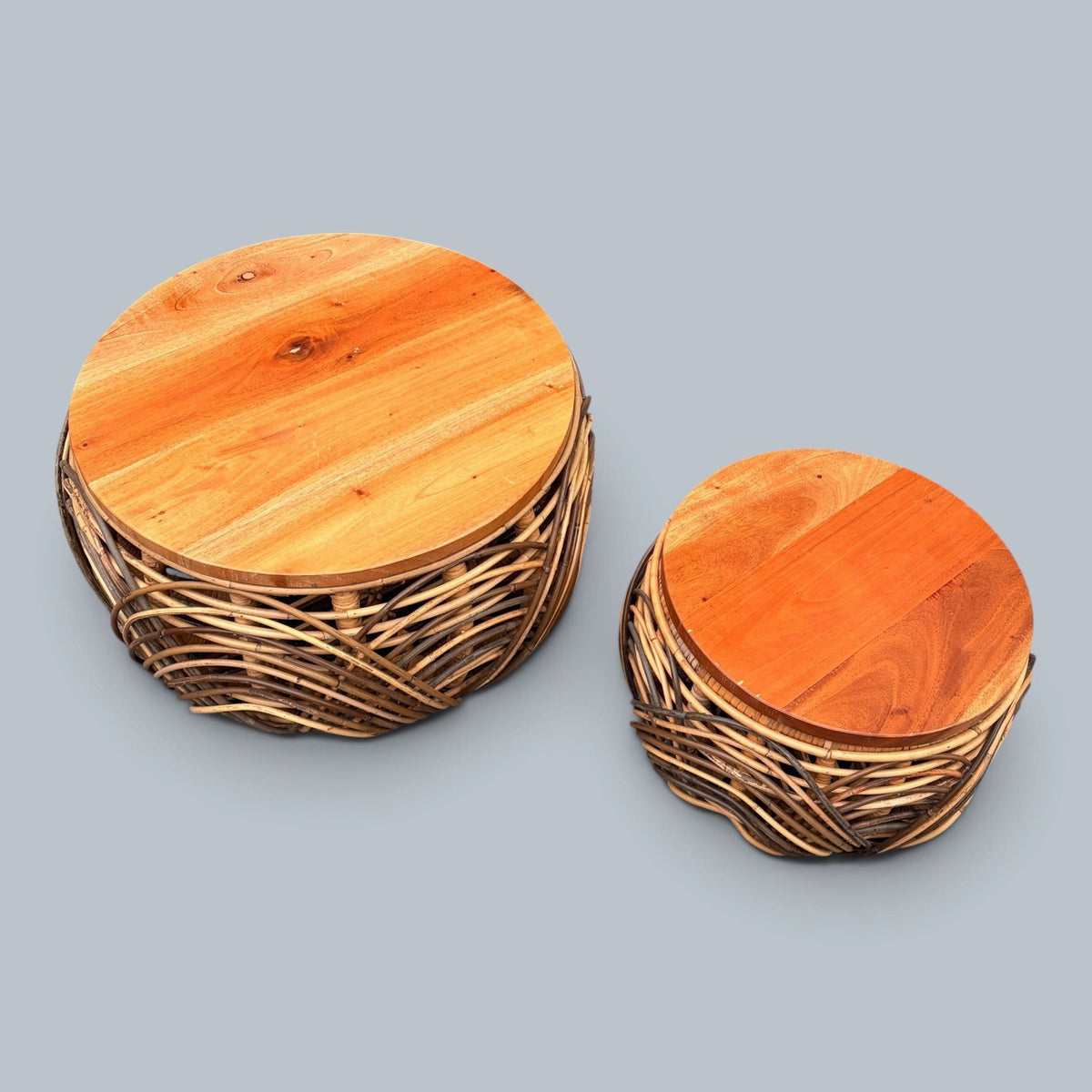 1970s Wicker & Pine Nesting Basket Stools / Side Tables – Pair – view 6