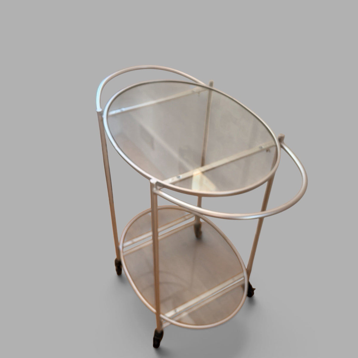 1990s Oval Glass & Silver-Tone Drinks Trolley – Two-Tier Bar Cart – view 6