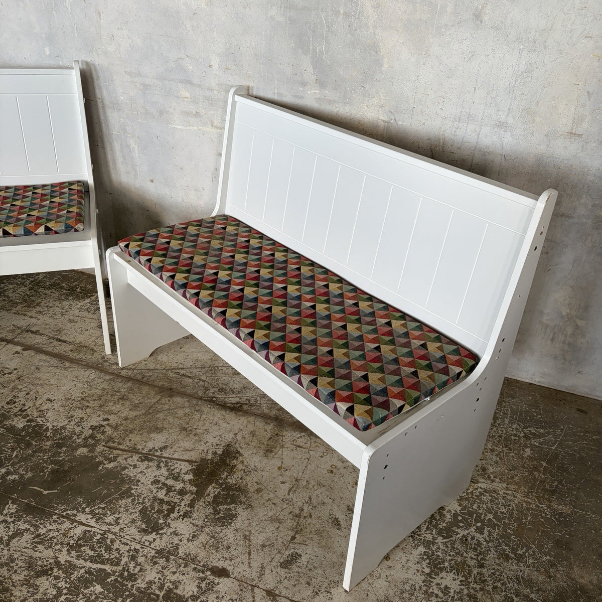 1990s White Church Pew Benches with Geometric Cushions – Pair – view 6