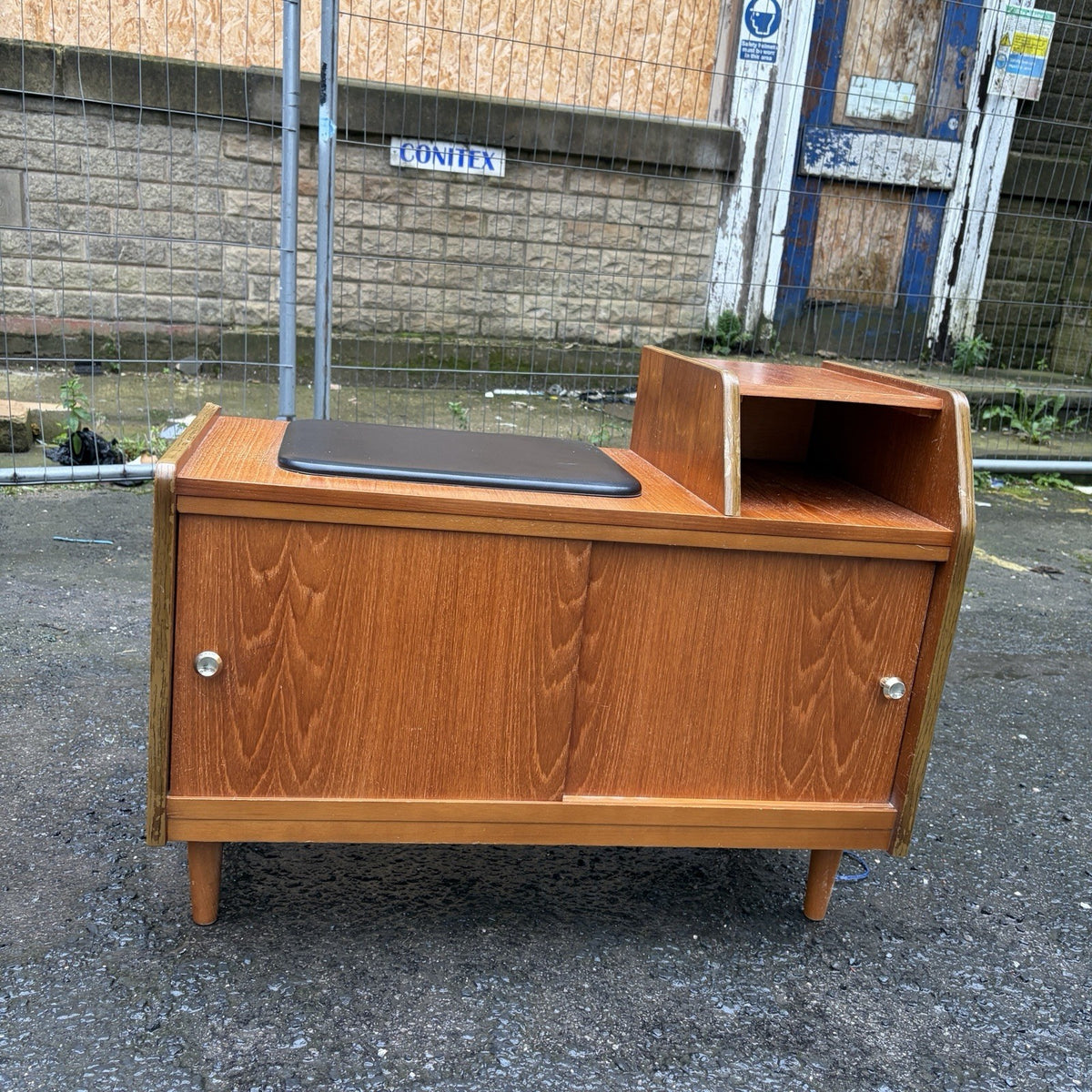 Mid Century Chippy Heath Teak Telephone Bench – Black Vinyl – view 5